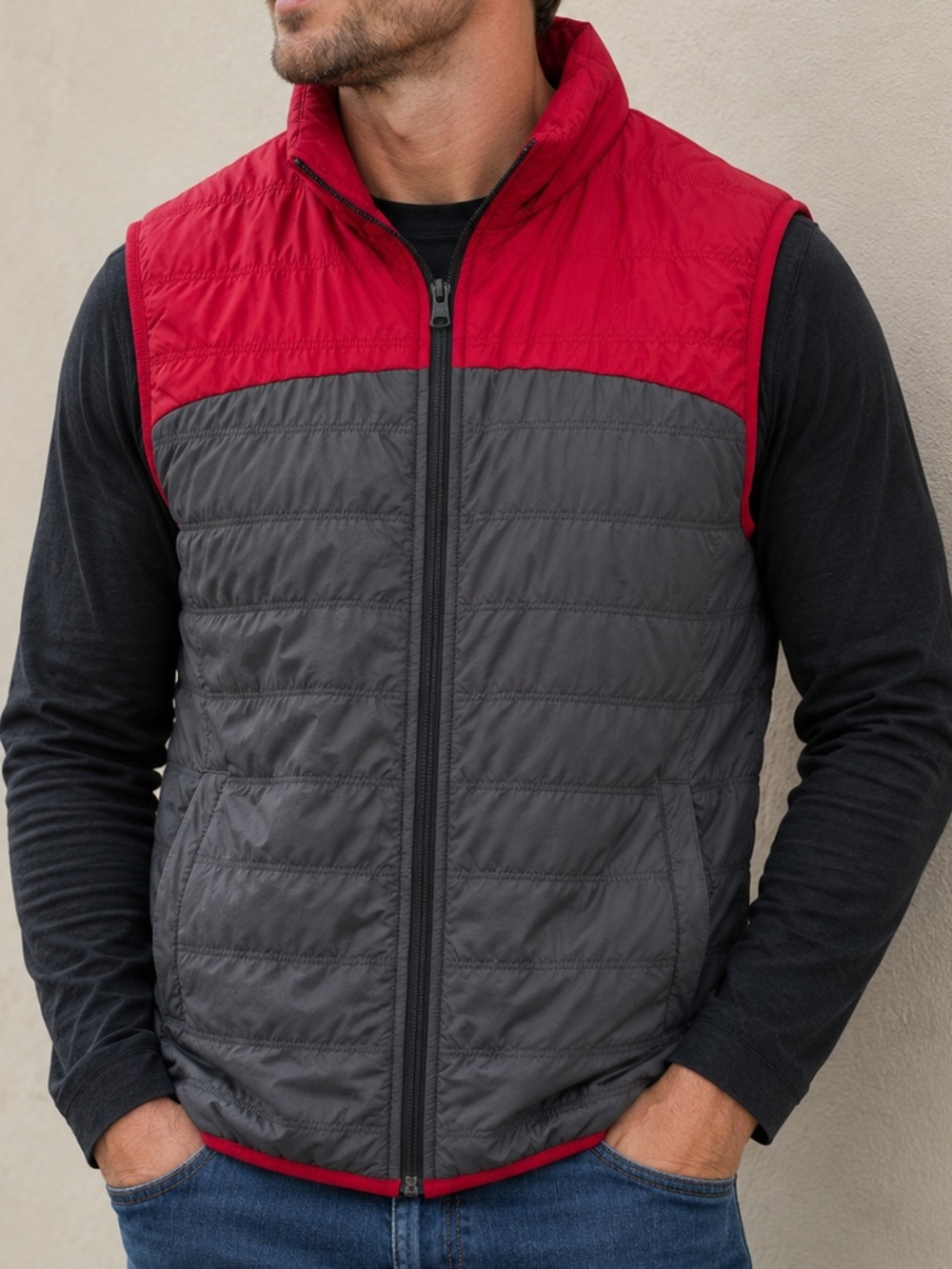 Team Spirit Men’s Quilted Puffer Vest Red Gray Full Zip Size Large Missing Hood
